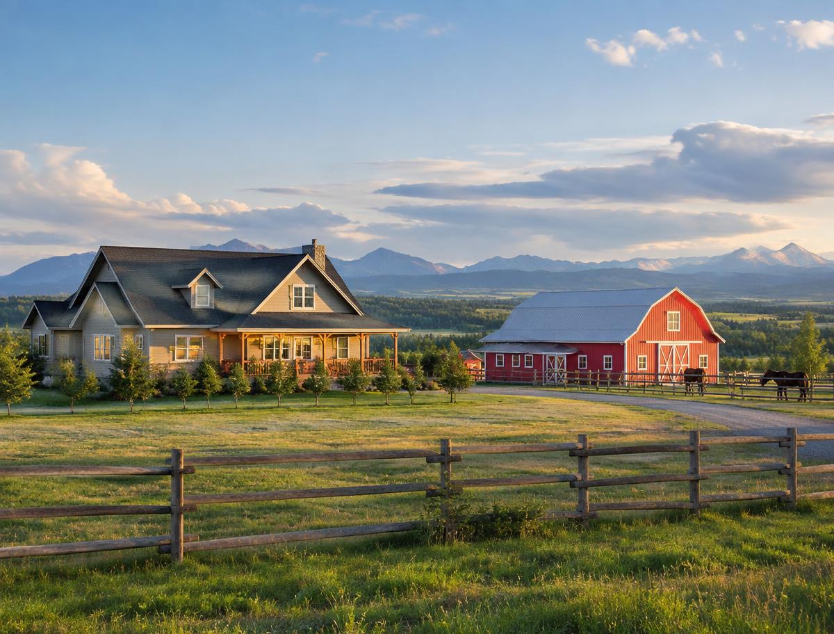 Country home with red barn and horses